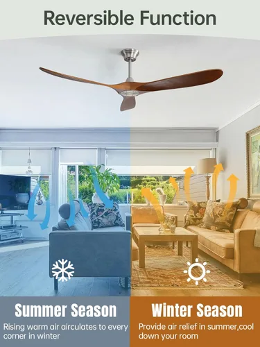 Miniatura 4 de Sofucor Ventilador de techo de 60 pulgadas con control remoto, níquel cepillado y nogal claro, 3 aspas de madera, motor CC reversible, temporizador