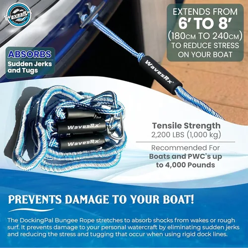 Miniatura 3 de WAVESRX DockingPal - Línea de muelle elástico prémium para barcos y PWC Cuerda de amarre elástica que se estira para absorber golpes y evitar