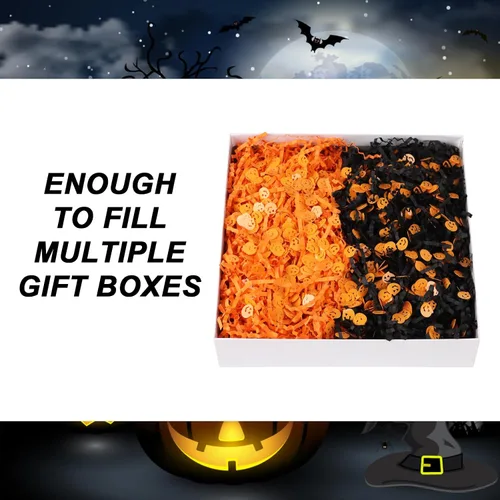 Miniatura 3 de LOMIMOS Papel de rafia de Halloween de 15.87 oz/1 libra, triturado negro y naranja con confeti de calabaza para envolver regalos, manualidades