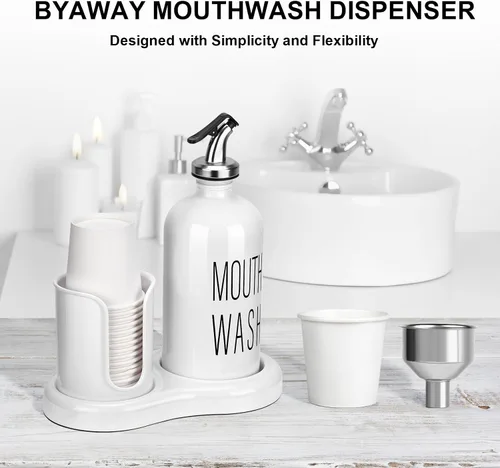 Miniatura 4 de Dispensador de enjuague bucal para baño, dispensador de enjuague bucal BYAWAY con portavasos, 14 vasos de enjuague bucal y embudo, recipiente