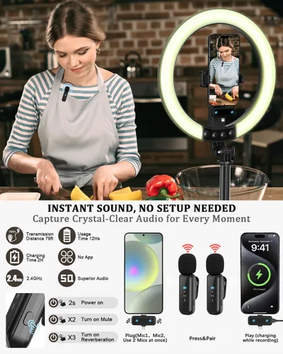 Miniatura 3 de Kit de vlogging para iPhone/Android, anillo de luz de 10 pulgadas con soporte, trípode de 74 pulgadas para iPhone con luz, micrófono, kit de inicio