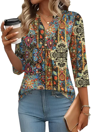 Miniatura 21 de IECCP Blusas de verano de manga 3/4 para mujer, estilo casual, cuello Henley, cuello en V, plisadas, ajuste holgado, blusas de trabajo