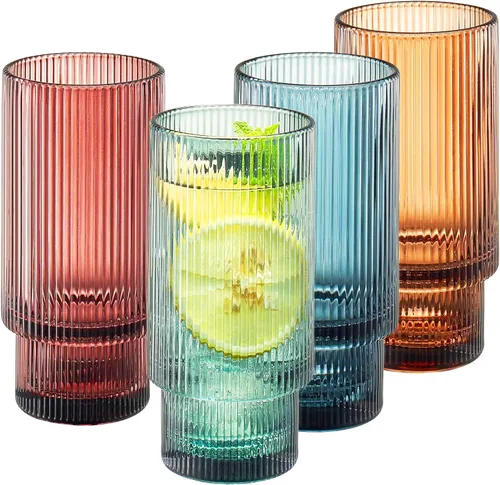 Khen Copas de vidrio de colores | Juego de 4 | Cristalería Art Deco grande apagada vintage para vino, champán, cóctel, margarita, copa de vino, idea