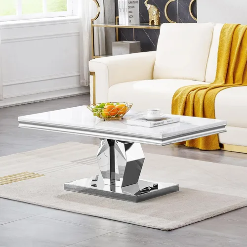 Miniatura 14 de Mesa de centro de mármol negro Henf de lujo, mesa auxiliar rectangular de mármol sintético de imitación con base de acero inoxidable dorado