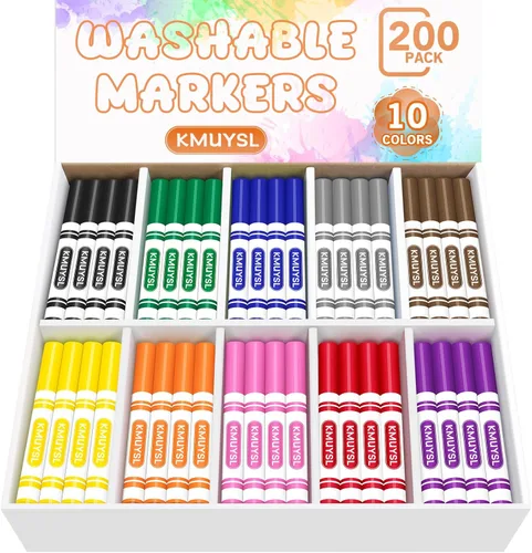 KMUYSL 200 marcadores lavables a granel, 10 colores surtidos, marcadores para colorear de punta cónica de línea ancha para niños, suministros de
