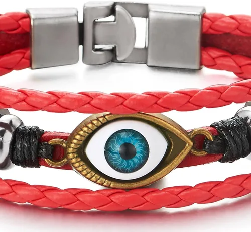 Miniatura 3 de COOLSTEELANDBEYOND Pulsera de tres filas de cuentas de cuero contra el mal de ojo para hombre y mujer