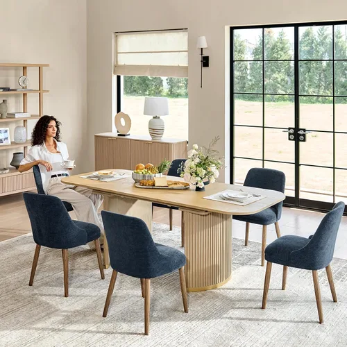 HULALA HOME Juego de 6 sillas de comedor tapizadas de tela azul marino con patas de madera maciza, respaldo acolchado, sillas decorativas modernas