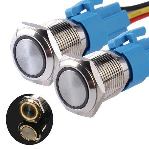 Miniatura 14 de Paquete de 2 interruptores de botón momentáneos de 0.63 pulgadas, 12 V-24 V, LED, impermeable, de metal, 1 NO 1 NC, con enchufe de cable