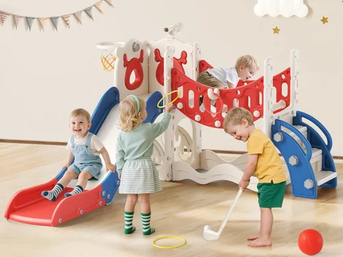 Tobogán para niños, juego 10 en 1 para niños pequeños, nueva actualización con tobogán para niños, tabla de dibujo, juego de golf, aro de baloncesto