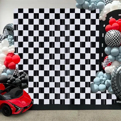 Miniatura 4 de Decoraciones de fiesta de cumpleaños de coche de carreras, paquete de 2 serpentinas de papel de aluminio negro y blanco, cortinas de flecos para un