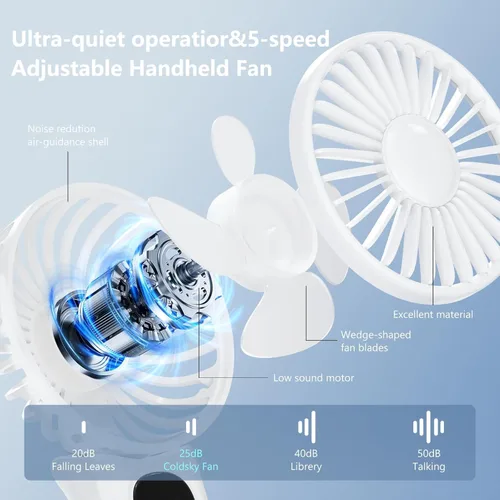 Miniatura 3 de Ventilador portátil, paquete de 2 ventiladores de mano, ventilador de mano plegable de 180° con cordón, ventilador personal pequeño de 5 velocidades