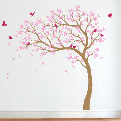 Miniatura 5 de Calcomanías de pared para árbol grande, calcomanías de árbol inclinado con pájaros, mural de vinilo decorativo KW032