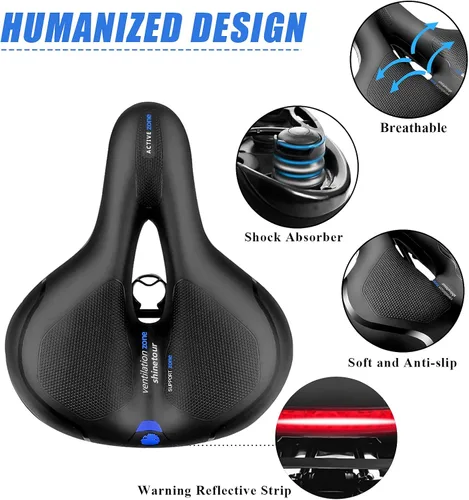 Miniatura 3 de Asiento de bicicleta cómodo para mujer y hombre, sillín de bicicleta ancho de repuesto con acolchado de espuma viscoelástica, suave y con absorción