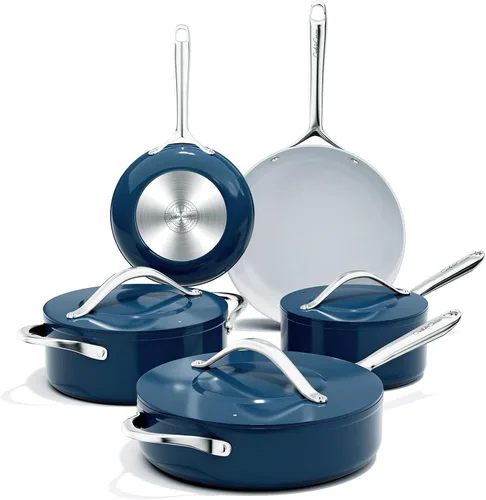 CookinCraze Juego de 8 ollas y sartenes antiadherentes de cerámica con tapa, sin PFAS, no tóxicos, compatible con inducción, apto para horno, Azul