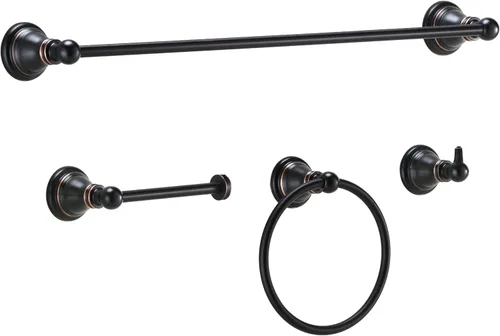 F-080-NB - Juego de accesorios de baño de 4 piezas con toallero de 18 pulgadas, anillo para toallero, soporte para papel, gancho para bata, bronce