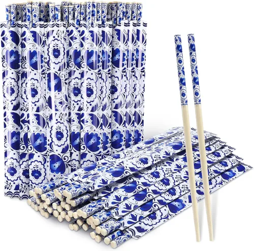Miniatura 7 de 50 pares de palillos de flor de cerezo a granel con funda azul, palillos desechables de bambú de eucalipto, favores de boda, suministro de comida