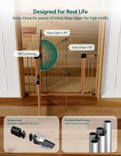 Miniatura 5 de Babelio Puerta de metal para bebés de 29 a 48 pulgadas con patrón de madera marrón, puerta de perro de cierre automático PressGuard P7 para la casa