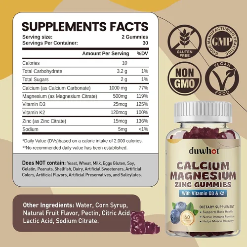 Miniatura 2 de Gomitas de calcio y magnesio y zinc para mujeres, suplemento de calcio masticable de 1000 mg de vitamina D3 y K2, salud ósea y nerviosa, función