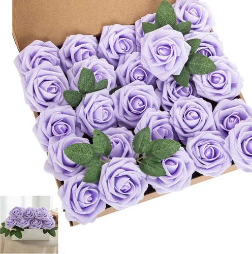 Miniatura 11 de Rosa artificial de espuma de 25 piezas de rosas falsas de aspecto real con tallos y hojas para decoración del hogar, fiestas, jardín, centros