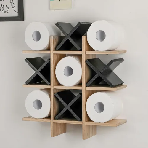 Miniatura 21 de Weysat Soporte de Papel Higiénico Tic Tac Toe Decoración de Pared de Baño Almacenamiento Colgante de Madera Rústica Estantes Independientes Montados