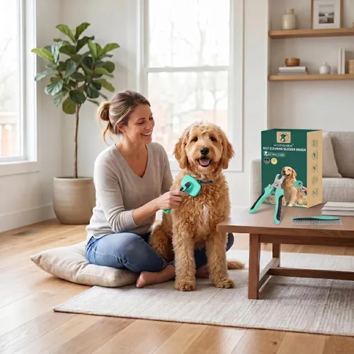 Miniatura 7 de Cepillo para perros – 3 piezas de cepillo de autolimpieza y cortaúñas y peine para mascotas para perros, gatos y caballos, herramienta de aseo Verde