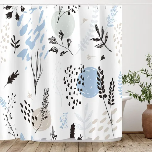 Tititex Juego de cortinas de ducha abstractas con diseño floral botánico azul, 70 x 70 pulgadas, hojas negras, ramas y plantas, decoración colorida