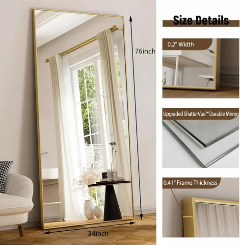 Miniatura 5 de GLSLAND Espejo de cuerpo completo de 64 x 21 pulgadas, espejo rectangular independiente, para colgar o inclinar, de aleación de aluminio, para Negro