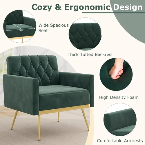 Miniatura 6 de Giantex Silla decorativa moderna de terciopelo, silla individual tapizada de mediados de siglo con respaldo copetudo con botones, patas de metal