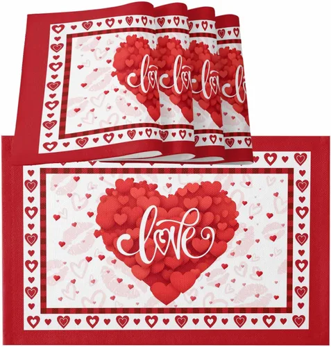 Miniatura 14 de Juego de 4 manteles individuales para el día de San Valentín para mesa de comedor, camión con globos y rosas románticos de arpillera de corazón rosa