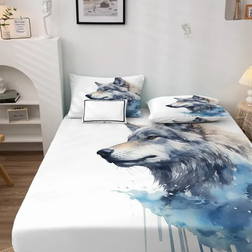 Miniatura 3 de Juego de sábanas de lobo tamaño Queen, sábanas de microfibra suave y bolsillo profundo, sábanas y fundas de almohada estampadas sin arrugas, 1 Lobo