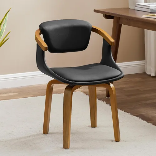 Miniatura 9 de Zouron Silla de escritorio sin ruedas, moderna silla de oficina de madera, silla de cuero sintético con brazo para sala de estar, dormitorio