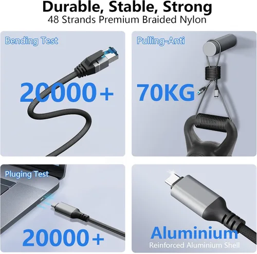 Miniatura 5 de Cable USB C a Ethernet de 1.5 pies, red Gigabit, cable LAN redondo tipo C a RJ45, conectado directamente, compatible con Thunderbolt 3/4