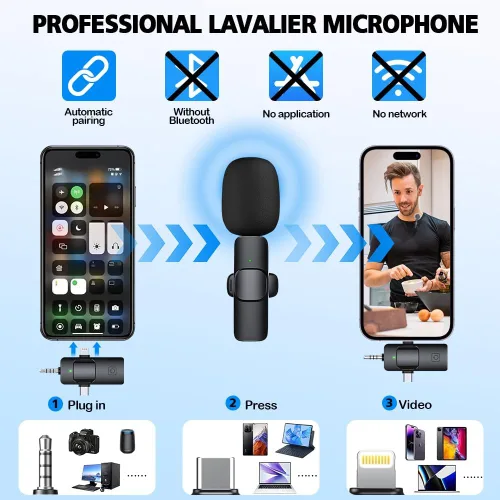 Miniatura 2 de Mini micrófono, 3 en 1 micrófonos de solapa inalámbricos para iPhone/iPad/Android/cámara (Lightning/USB/conector de 0.138 in), paquete de 2 Negro