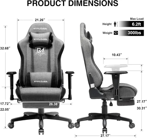 Miniatura 2 de GTPLAYER Silla de juegos con reposapiés, tela transpirable, silla ergonómica grande y alta para computadora, 350 libras con soporte lumbar ajustable