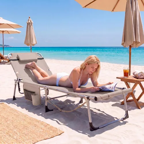 Miniatura 2 de Giantex Silla bronceadora, silla de playa de 330 libras con 5 posiciones ajustables, agujero para cara y brazo, correa para manos/hombros, almohada