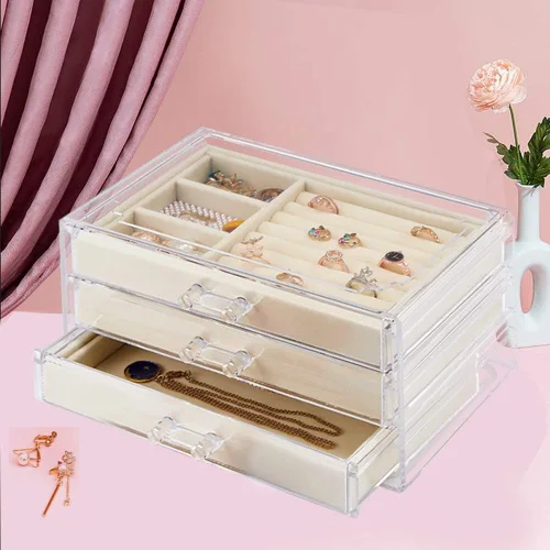 Miniatura 6 de Weiai Joyero acrílico con 3 cajones organizador de joyas de terciopelo aretes anillos collares pulseras vitrina regalo para mujeres niñas beige