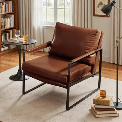 Miniatura 21 de Art Leon Silla de acento moderna de mediados de siglo, de piel sintética, con patas de metal negro, silla lateral única de salón para sala de estar