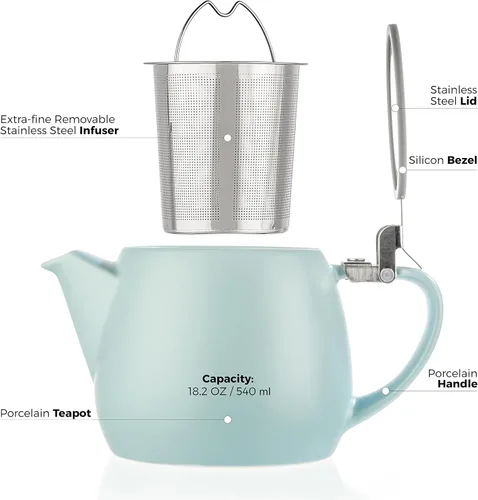 Miniatura 4 de Tealyra - Tetera pequeña de porcelana Pluto gris - 540ml (1-2 tazas) - Acabado único - Tapa de acero inoxidable e infusor extra fino para preparar