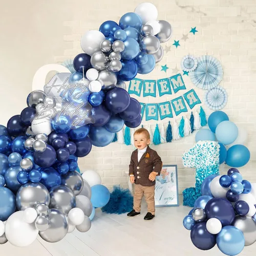 Miniatura 6 de Kit de Arco de Globos Azul Blanco Plateado, Guirnalda de Globos Azul Marino Plateado Blanco con Globos Metálicos Azul Oscuro Azul Claro Plateados
