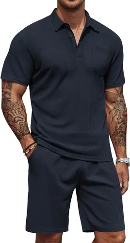 COOFANDY - Conjunto de polo y pantalones cortos de punto acanalado para hombre, 2 piezas, atuendo de verano, traje casual deportivo con bolsillos