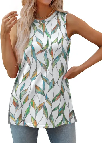 Miniatura 3 de XIEERDUO Camisetas sin mangas para mujer, cuello redondo, ajuste holgado, básicas, casuales, de verano, con abertura lateral, sin mangas