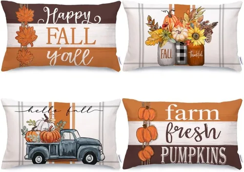 Miniatura 14 de GEEORY Juego de 4 fundas de almohada de otoño de 18 x 18 pulgadas, diseño de calabazas y tarros de masón, decoración agradecida, fundas de cojín