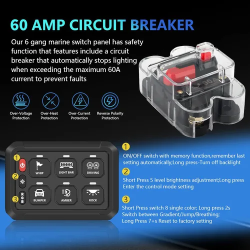 Miniatura 3 de Chelhead Panel de interruptor Bluetooth de 6 bandas, panel de interruptor de barco con disyuntor IP 65, impermeable, estroboscópico de flash