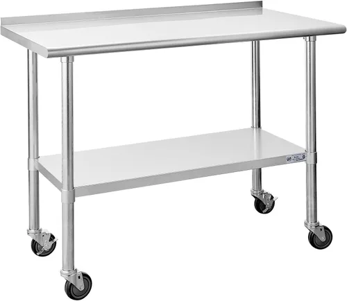 Mesa de acero inoxidable para preparación y trabajo, con ruedas giratorias, mesa resistente, comercial NSF, con estante inferior y protector para