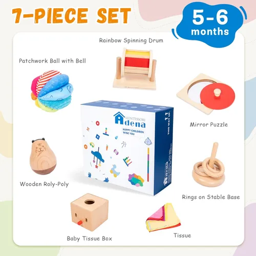 Miniatura 3 de Kit de juego Adena Montessori para bebé de 5-6 meses, juguetes educativos de aprendizaje 8 en 1 para niños pequeños, incluye tambor giratorio