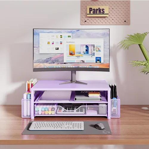 Miniatura 2 de OPNICE Soporte elevador de monitor doble con cajón y 2 soportes para bolígrafos, organizador de escritorio para suministros de oficina, soporte