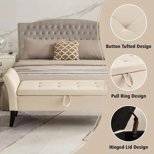 Miniatura 4 de NIOIIKIT Banco otomano tapizado de terciopelo de 51.5 pies con parte superior abatible, banco largo para dormitorio o sala de estar (beige)