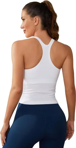Miniatura 195 de ATTRACO Camiseta corta acanalada de entrenamiento para mujer con brasier integrado para yoga, espalda cruzada, ajuste ajustado