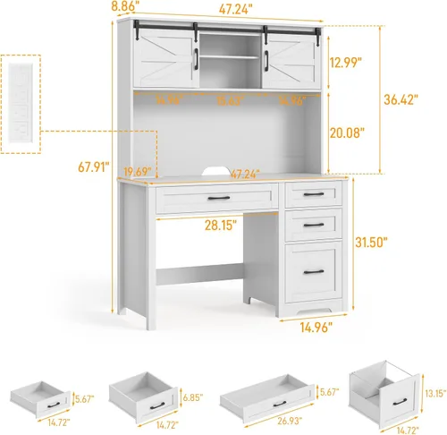 Miniatura 2 de Escritorio ejecutivo de granja de 67 pulgadas de alto con gabinete, mesa de oficina con luz LED y 4 cajones, escritorio para computadora