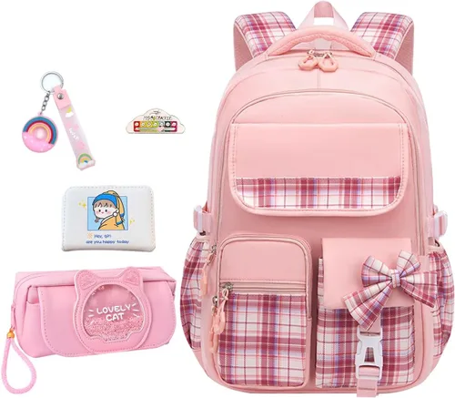 Miniatura 9 de Mochila azul de 5 piezas para niñas escolares – Mochila Kawaii para escuela primaria para niños, lindas mochilas a cuadros para niñas, estudiantes